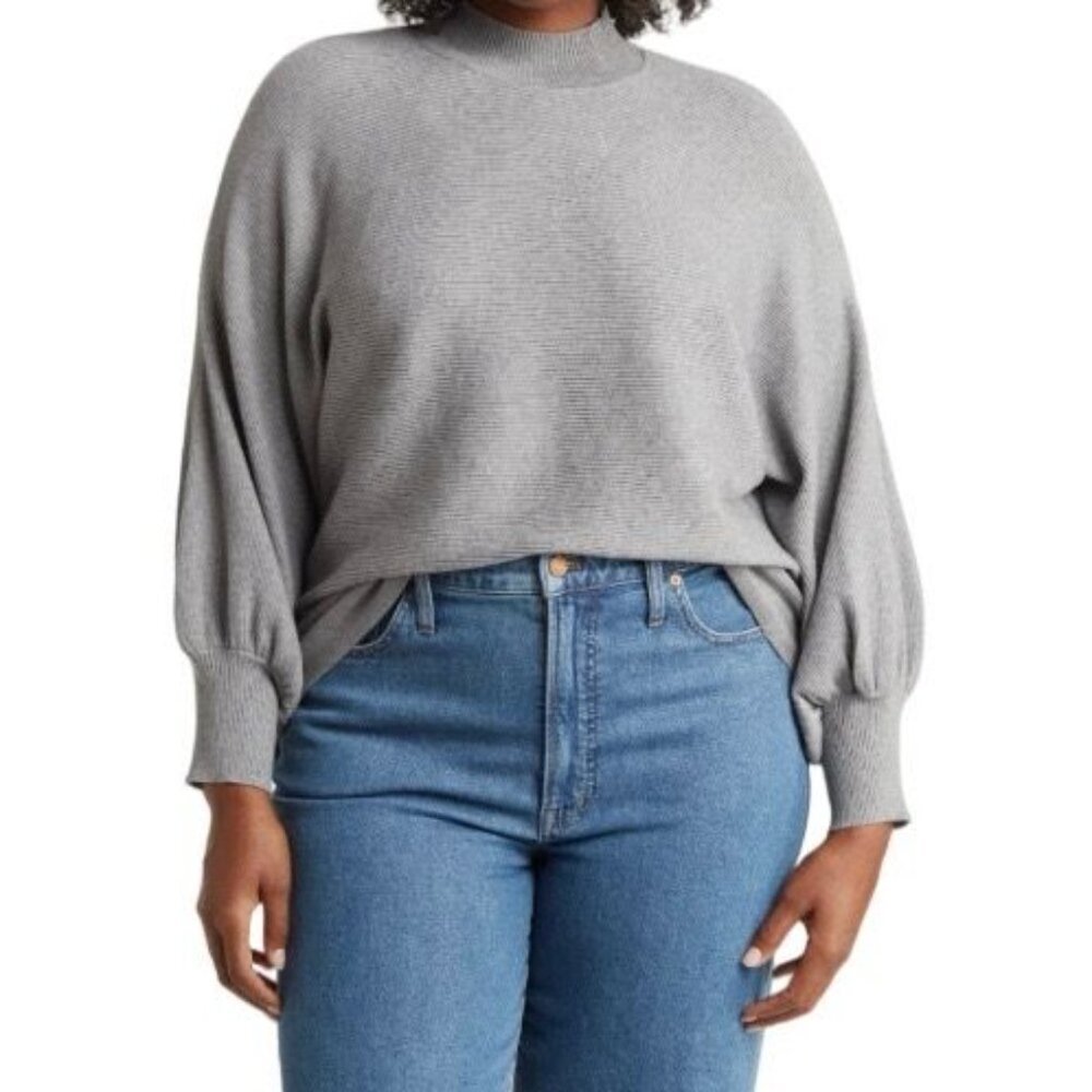 T Tahari Woman Monk Neck Balloon Sleeve Sweater In Heather Grey  Size 1X